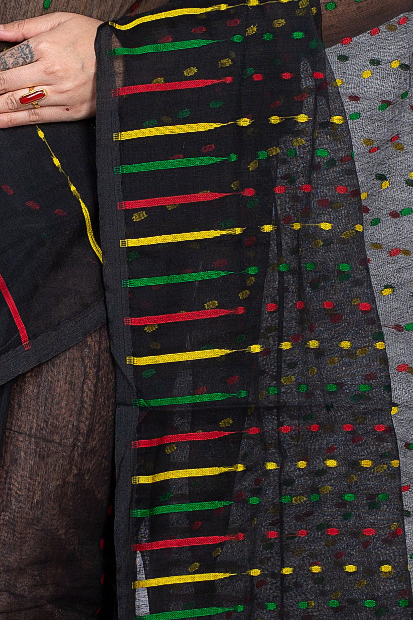 Black Blended Cotton New HALF  JAMDINE Jamdani Saree (4110)